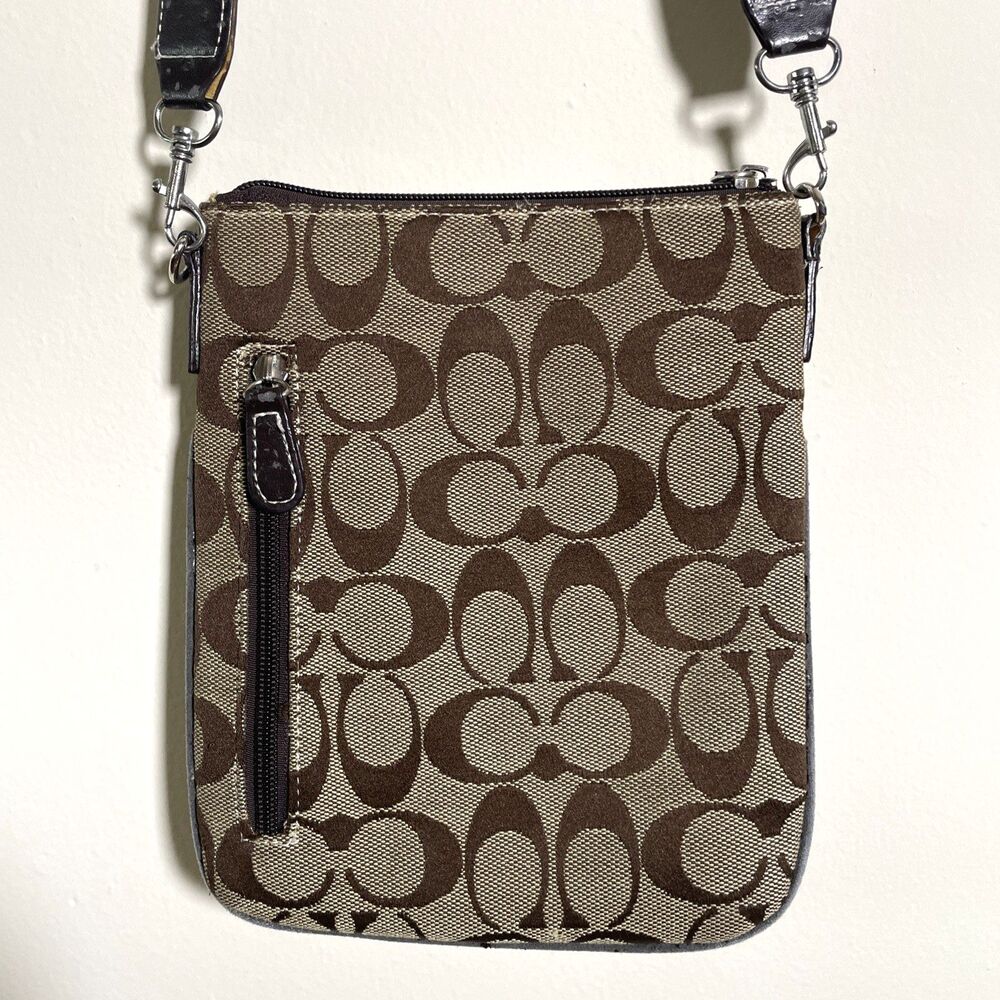 Coach Womens Small Canvas Signature Logo Crossbody Bag Classic Brown Zip Purse - Picture 3 of 10